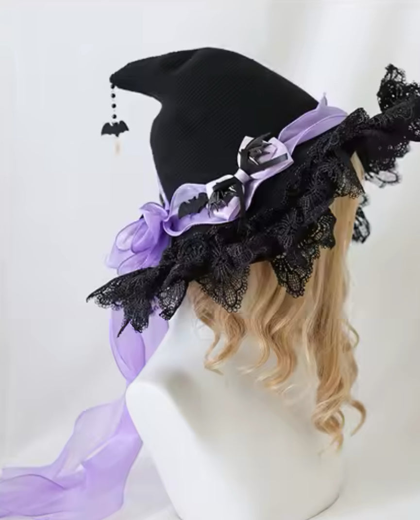 “Enchanted Moonlit Witch Hat – Lace Trimmed with Satin Bows and Mystical Charms”