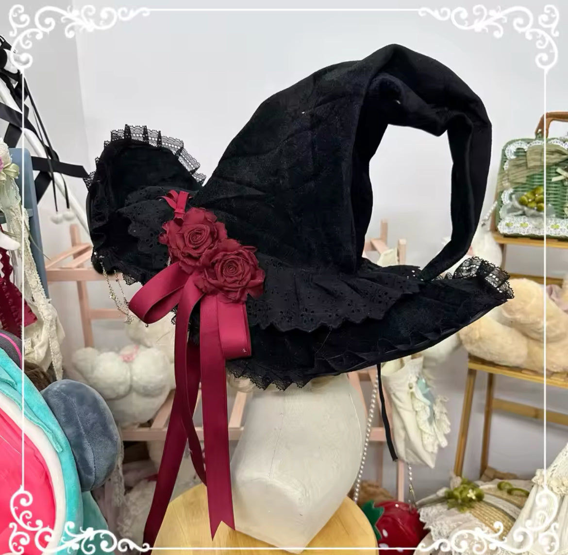 “Victorian Rose Lolita Witch Hat – Handmade with Lace and Satin Roses” Stunning Magickal