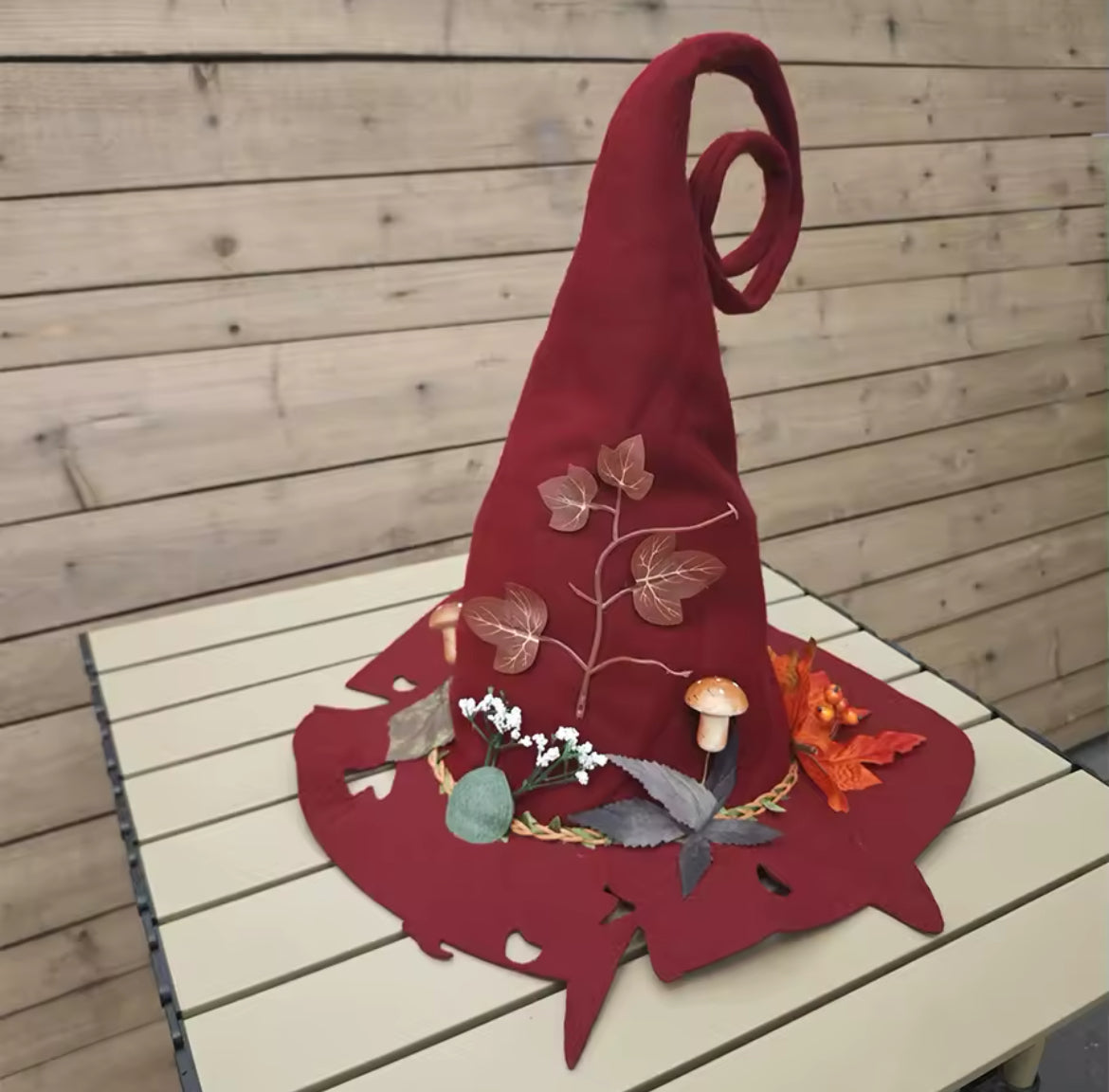Beautiful Rustic Autumn Witch Hat – Handcrafted with Leaves, Mushrooms & Spiral Design”