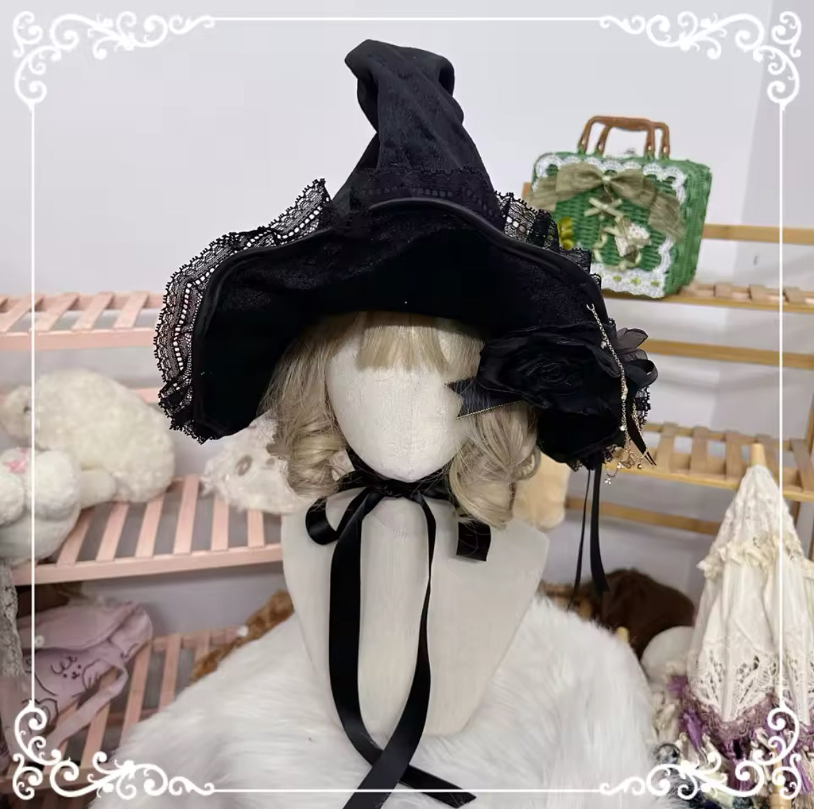 “Victorian Rose Lolita Witch Hat – Handmade with Lace and Satin Roses” Stunning Magickal