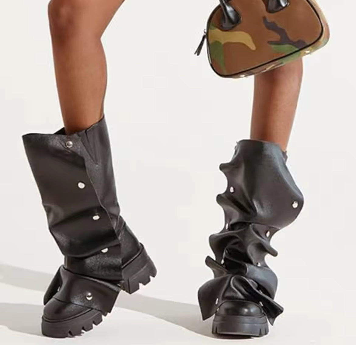 Slouchy Wrinkled Combat Chunky Stylish Glam Boots
