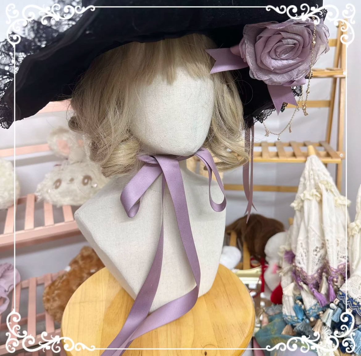 “Victorian Rose Lolita Witch Hat – Handmade with Lace and Satin Roses” Stunning Magickal