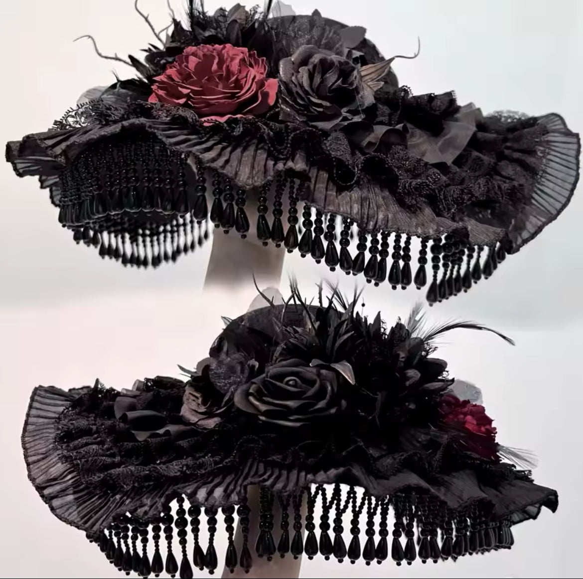 “Midnight Elegance Gothic Black Rose Victorian Mourning Hat with Cascading Beads”