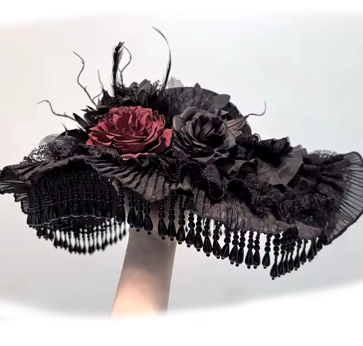 “Midnight Elegance Gothic Black Rose Victorian Mourning Hat with Cascading Beads”