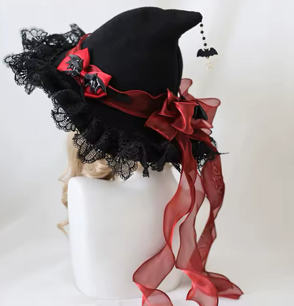 “Enchanted Moonlit Witch Hat – Lace Trimmed with Satin Bows and Mystical Charms”