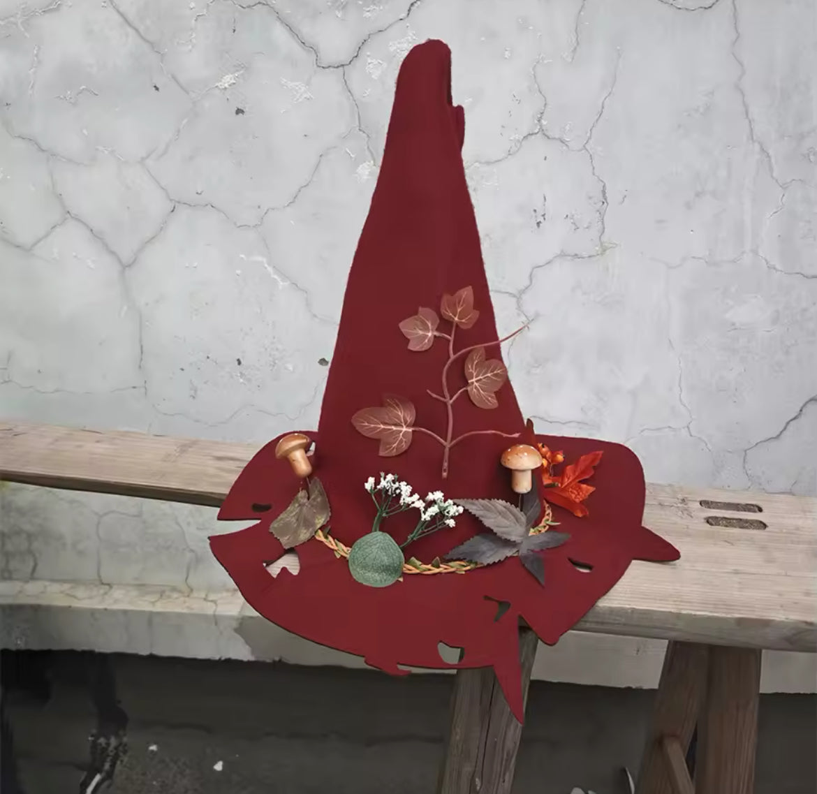 Beautiful Rustic Autumn Witch Hat – Handcrafted with Leaves, Mushrooms & Spiral Design”