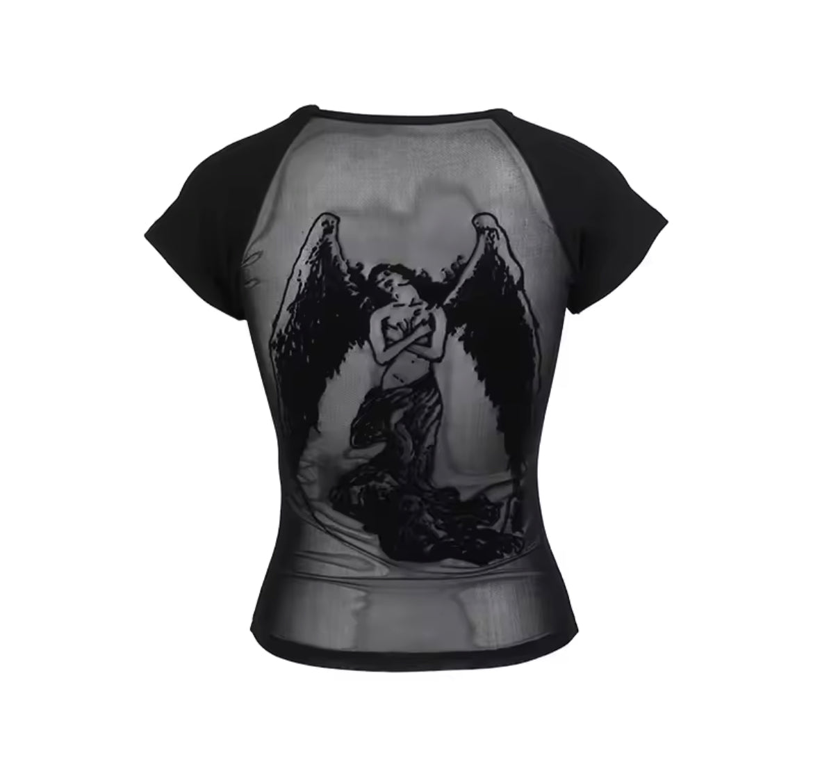 New Black Mesh Back Gothic Print Women’s T-Shirts Two Styles
