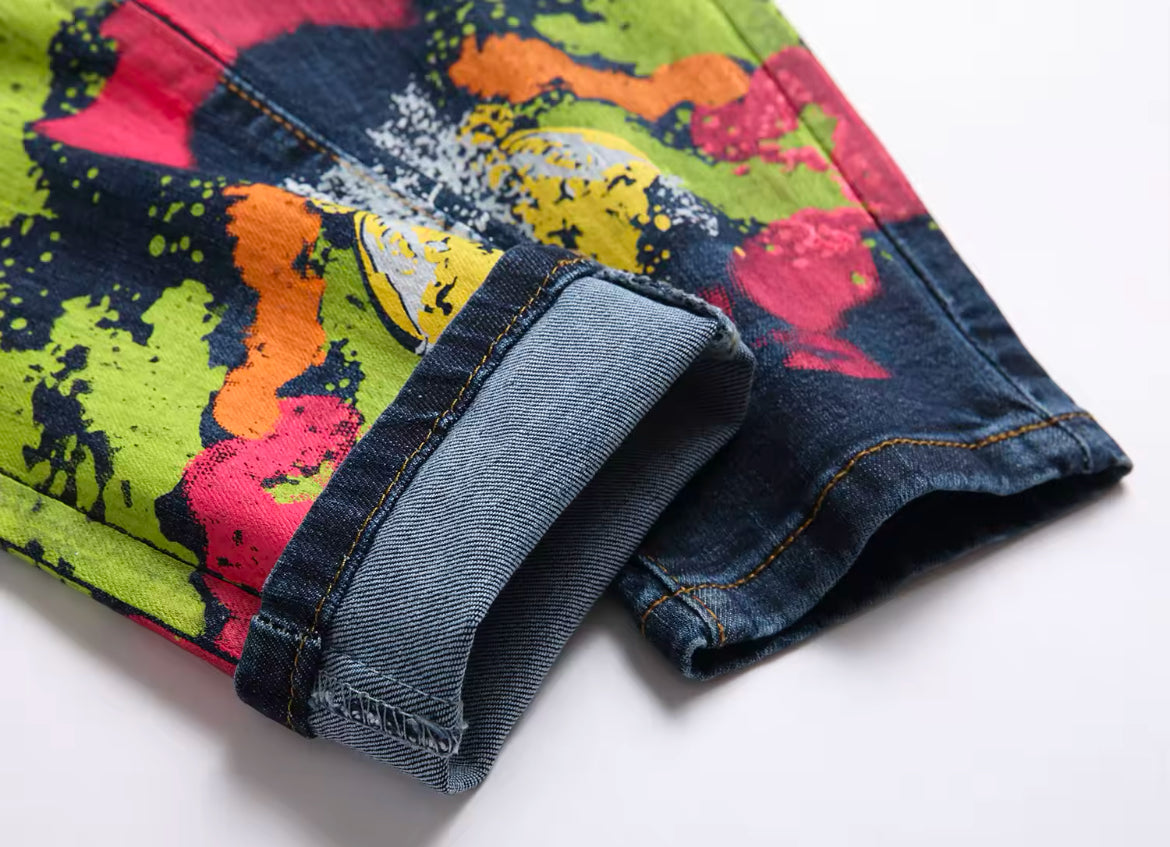 New Mens Slim Fit Paint Splatter Jeans Artistic Streetwear Denim