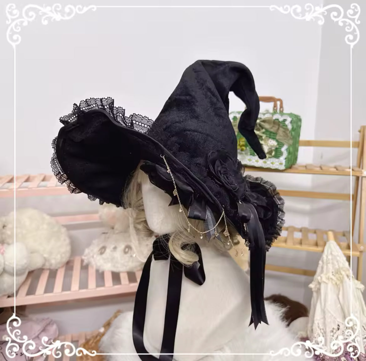 “Victorian Rose Lolita Witch Hat – Handmade with Lace and Satin Roses” Stunning Magickal