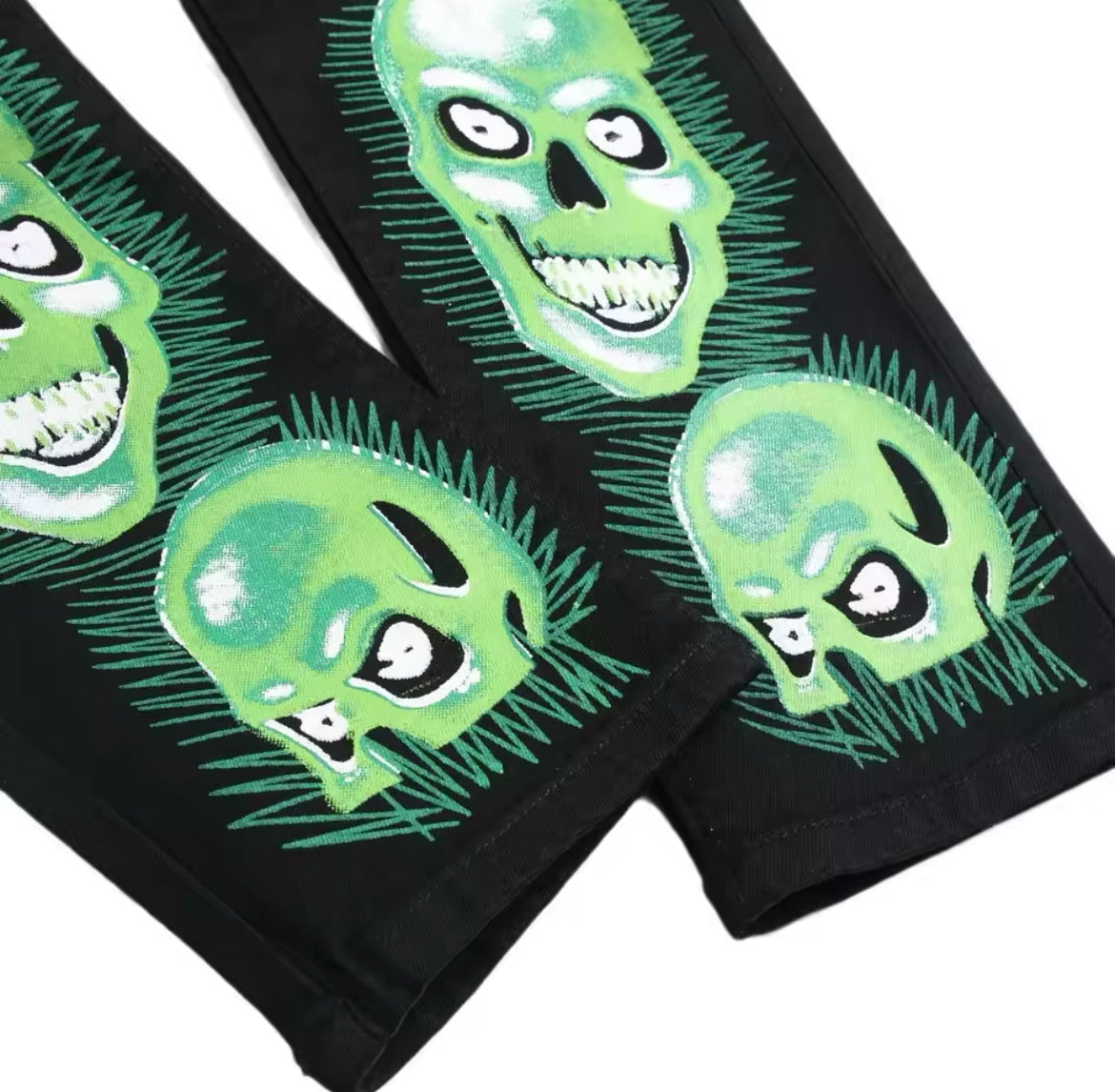 New Mens Gothic Skull Embroidered Jeans Slim Fit Streetwear Denim with Green Skull Graphic Print