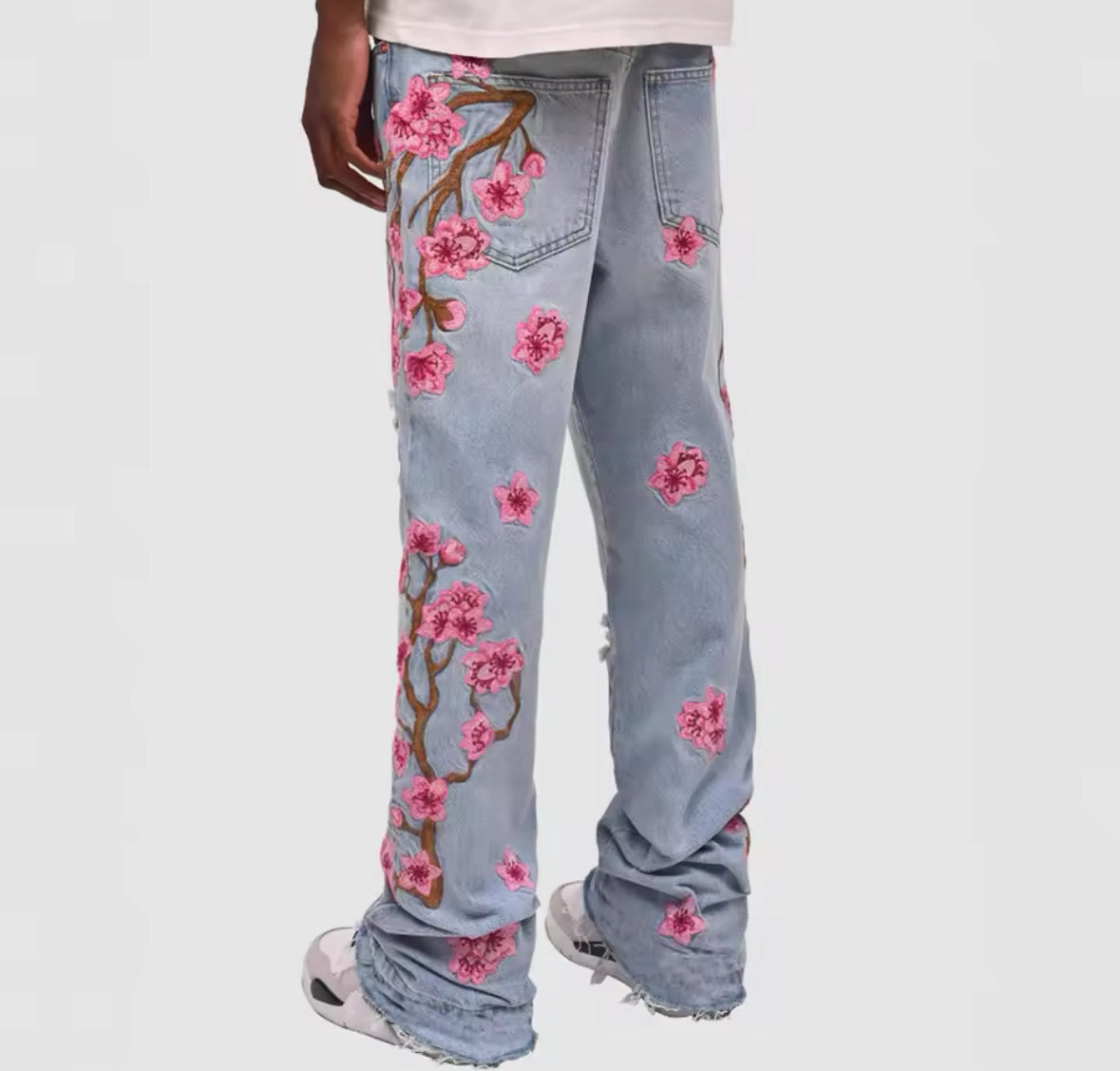 New Mens Cherry Blossom Embroidered Denim Jeans Distressed Floral Straight-Leg Pants