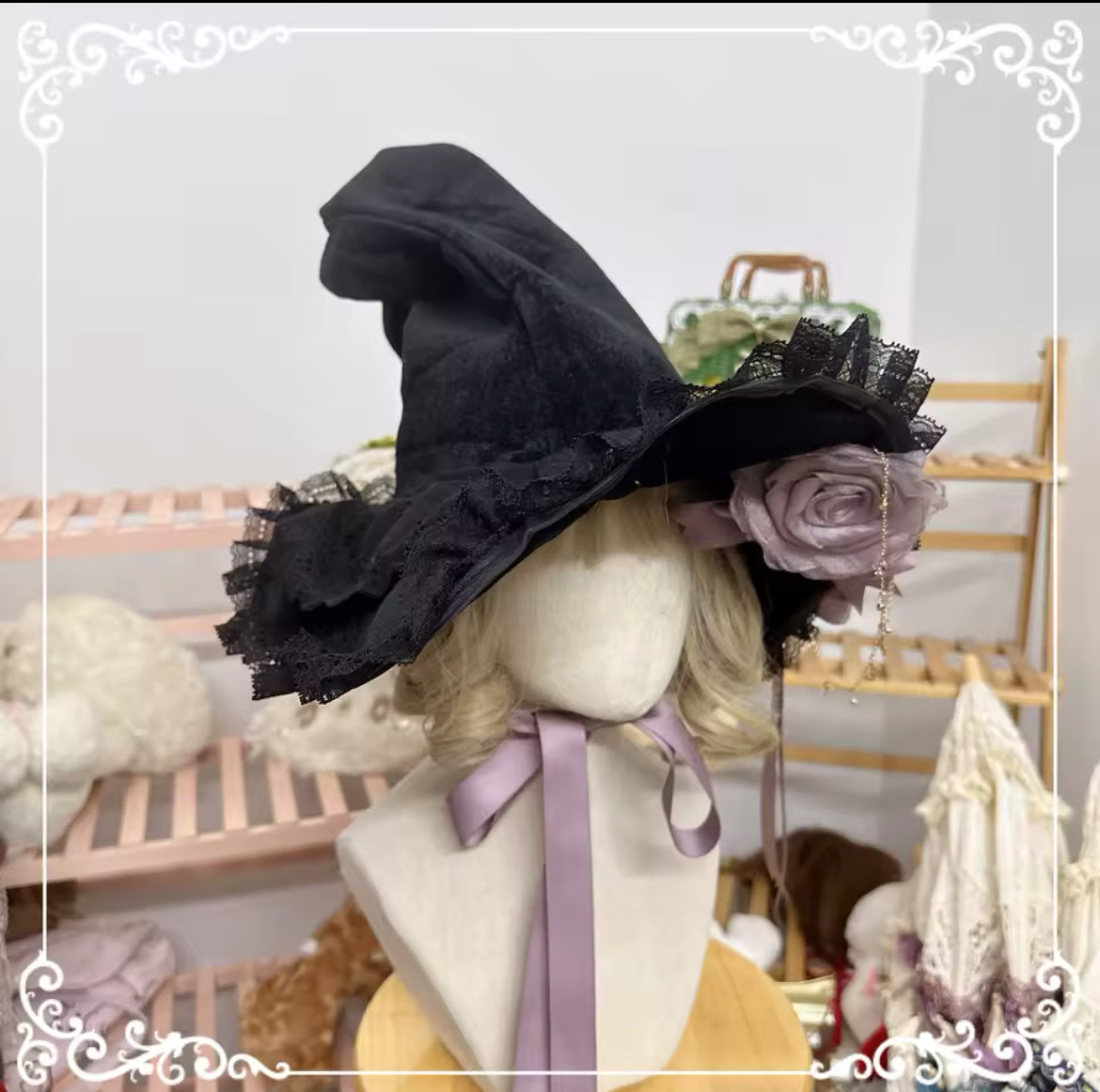 “Victorian Rose Lolita Witch Hat – Handmade with Lace and Satin Roses” Stunning Magickal