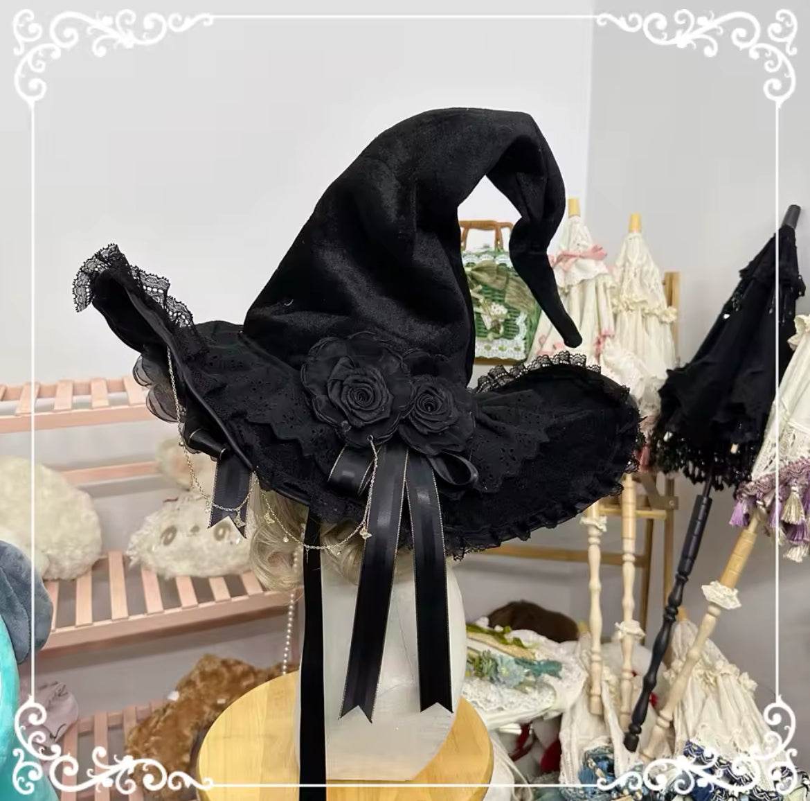 “Victorian Rose Lolita Witch Hat – Handmade with Lace and Satin Roses” Stunning Magickal