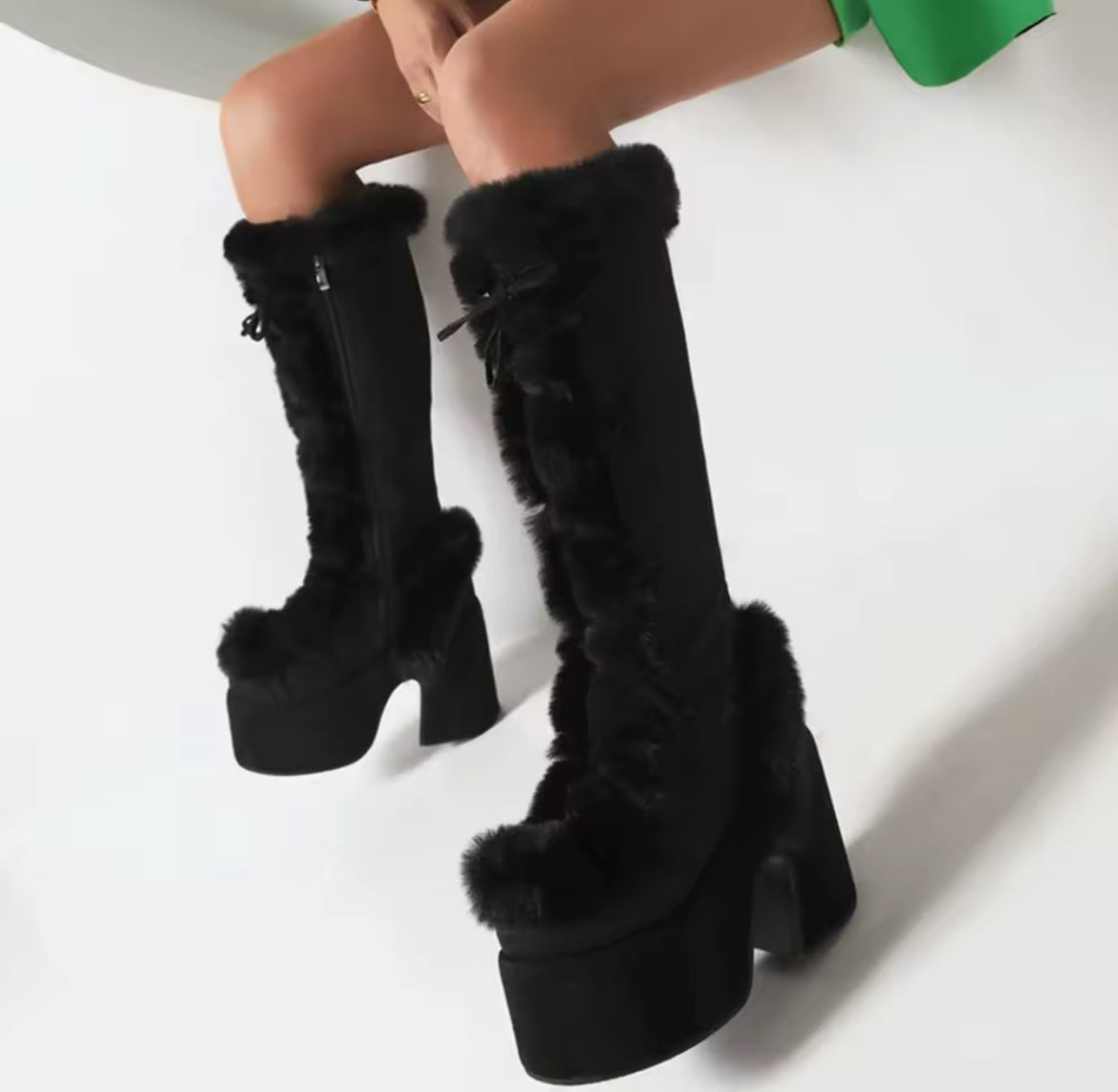 New Faux Fur Platform Knee- High Cozy Gothic Warm Chunky Boots