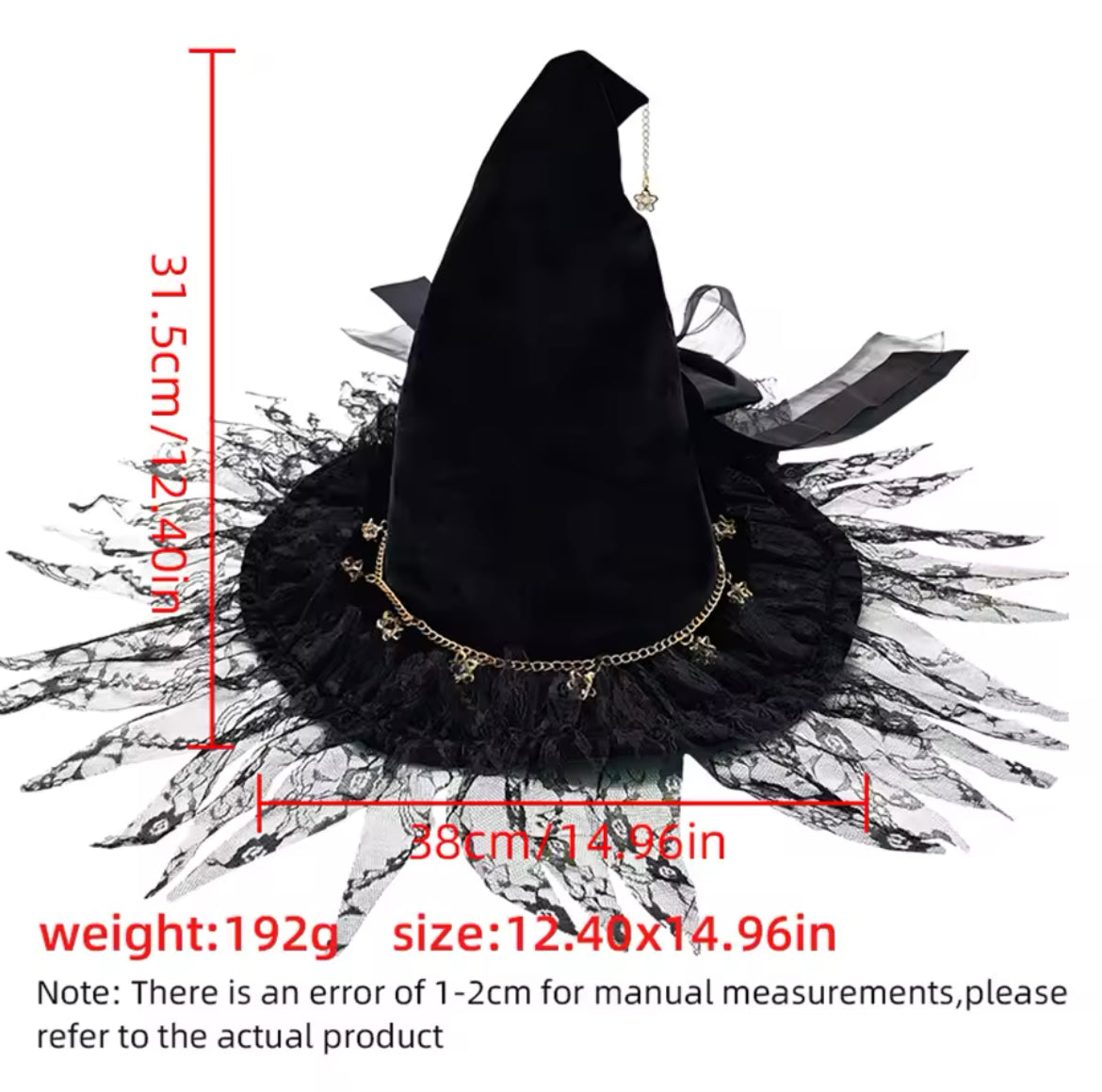 “Celestial Charm Lace Witch Hat – Handmade Velvet with Gold Magickal Charm Accents”