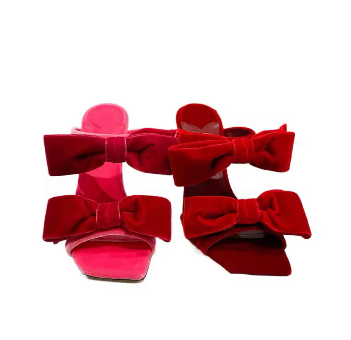 Velvet Bow Heels Square Toe Sandals – Black, Pink, Red