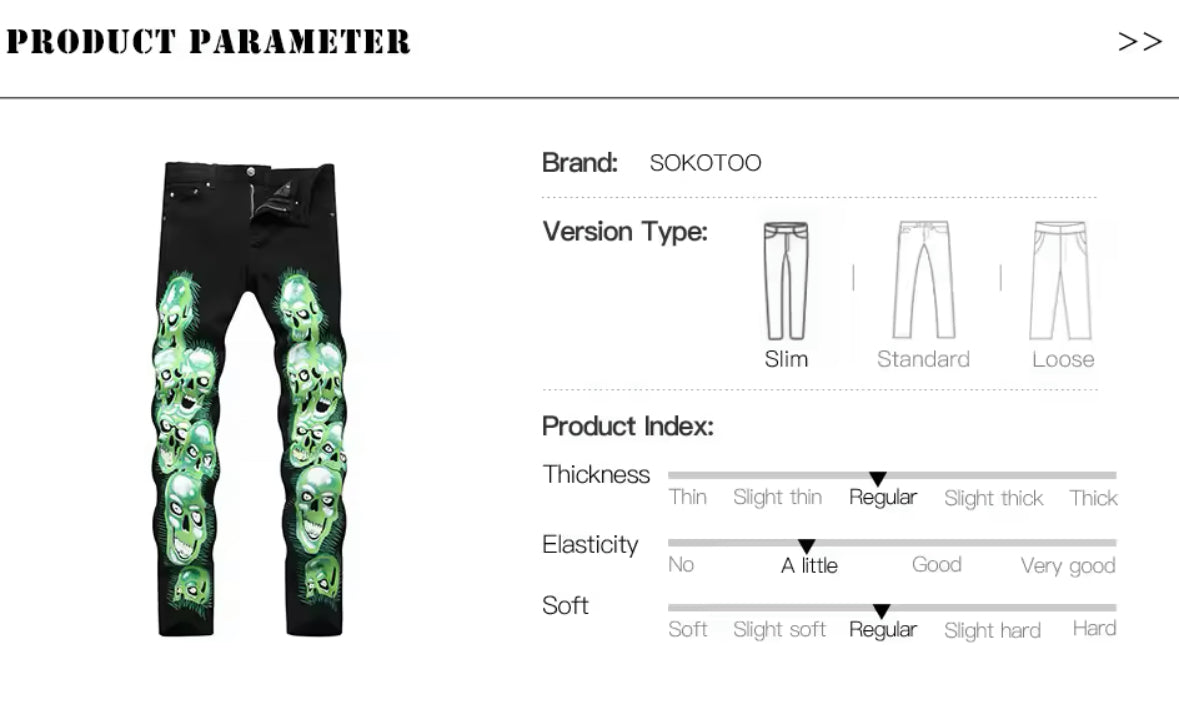 New Mens Gothic Skull Embroidered Jeans Slim Fit Streetwear Denim with Green Skull Graphic Print