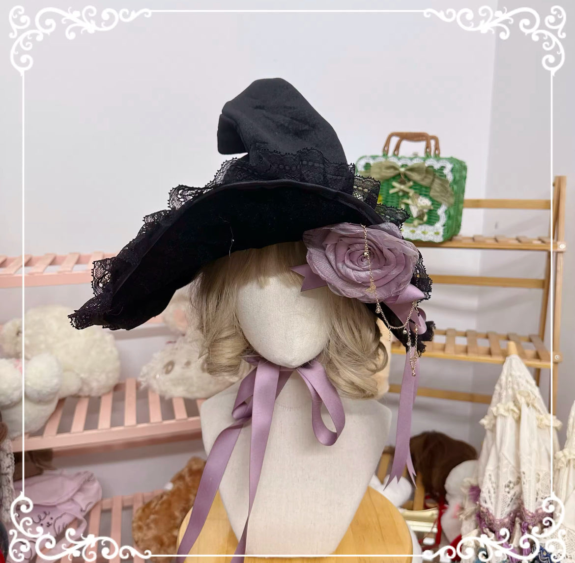 “Victorian Rose Lolita Witch Hat – Handmade with Lace and Satin Roses” Stunning Magickal