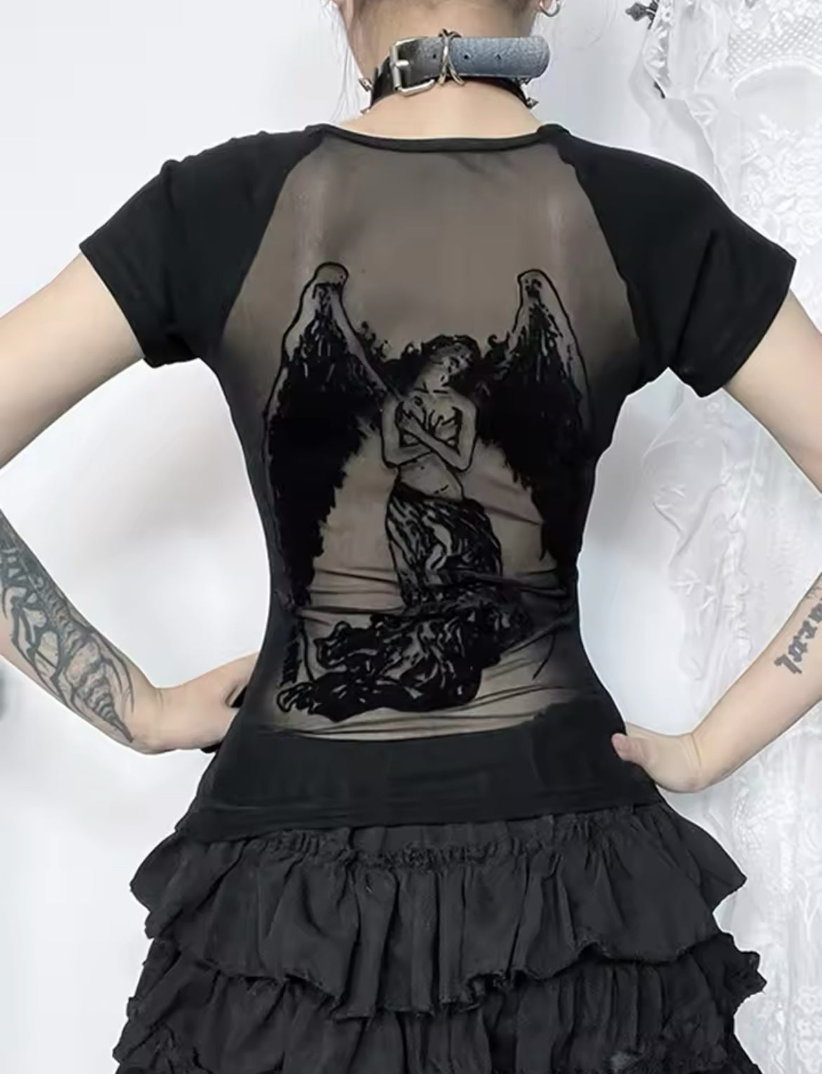 New Black Mesh Back Gothic Print Women’s T-Shirts Two Styles