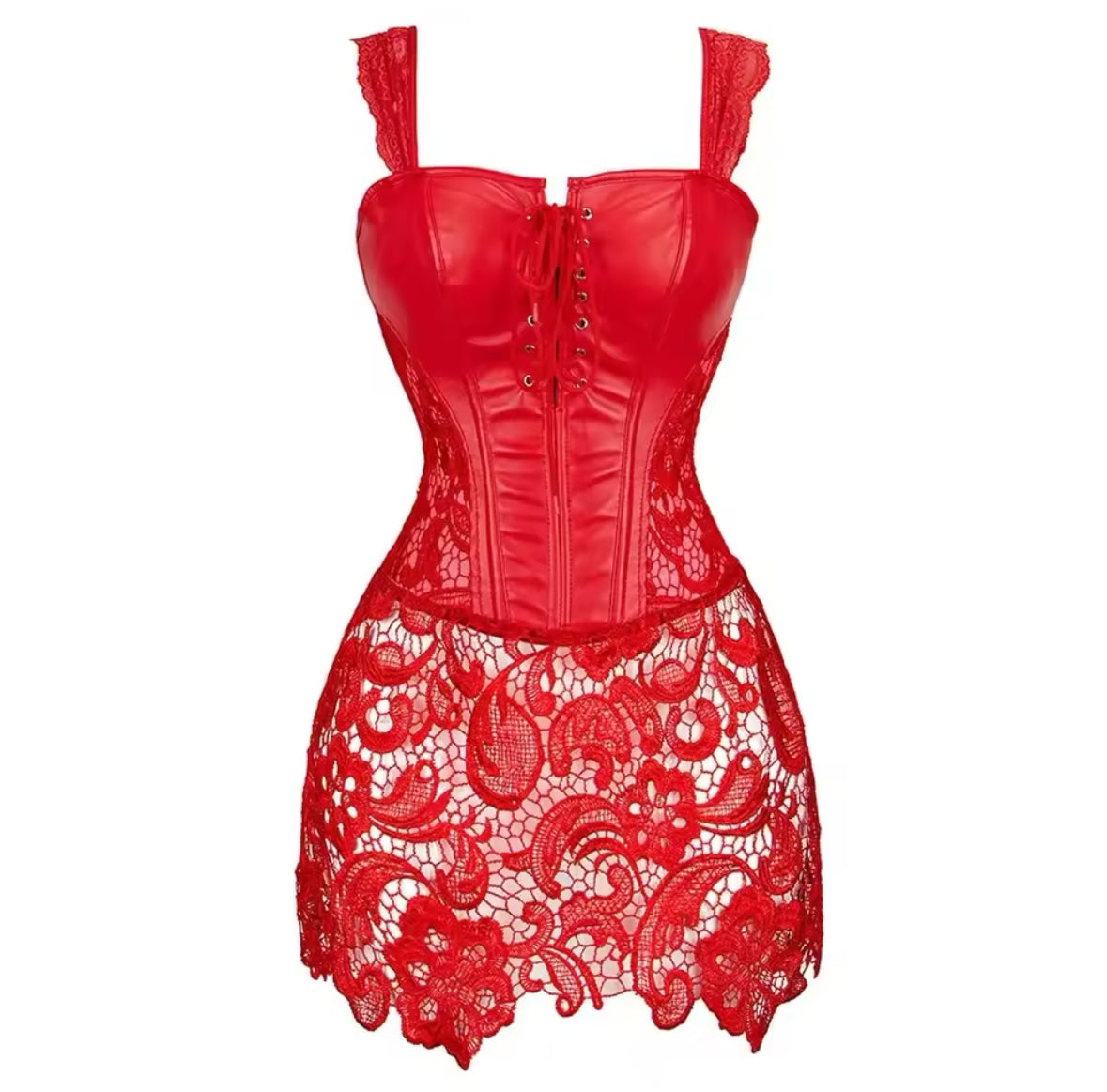 New Gorgeous Lace & Leather Corset Mini Dress Lingerie