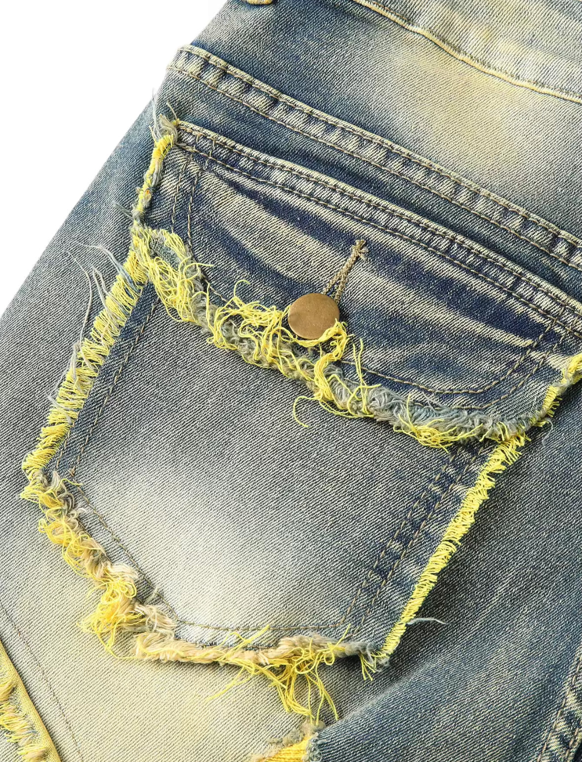 Mens Streetwear Distressed Flare Jeans Retro Patchwork Denim with Frayed Spiral Detailing