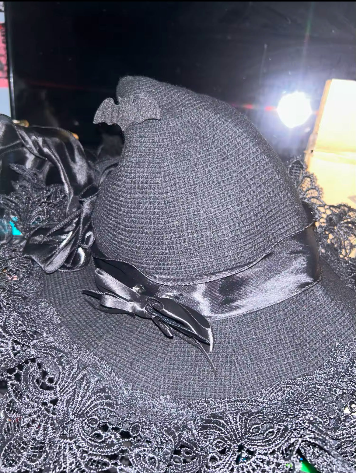 “Enchanted Moonlit Witch Hat – Lace Trimmed with Satin Bows and Mystical Charms”