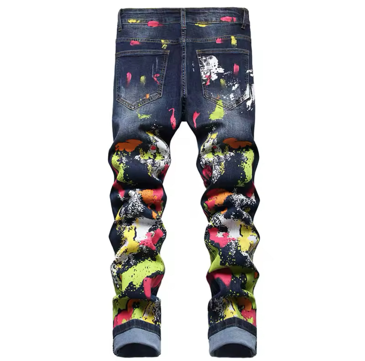 New Mens Slim Fit Paint Splatter Jeans Artistic Streetwear Denim