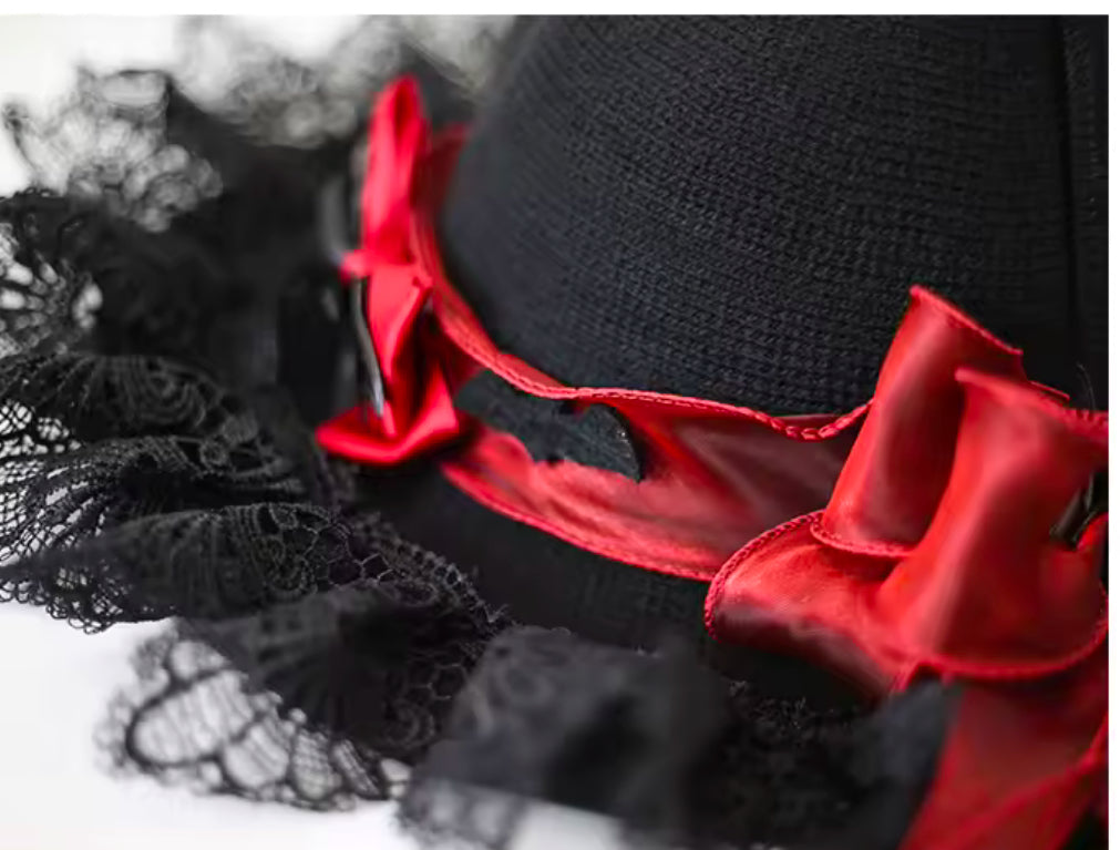 “Enchanted Moonlit Witch Hat – Lace Trimmed with Satin Bows and Mystical Charms”