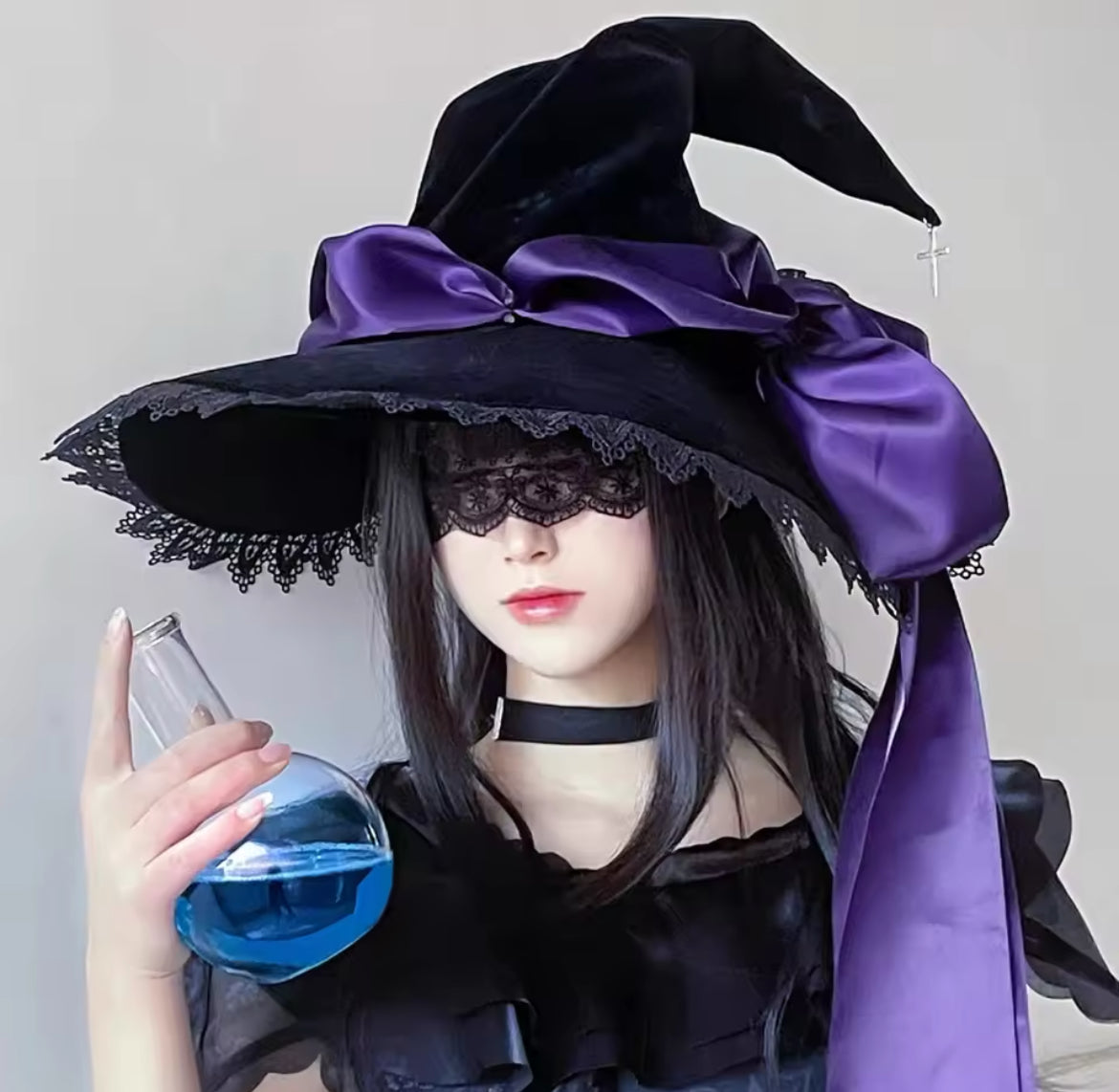 “Magickal Elegant Witch Hat – Lace-Trimmed with Satin Bow”
