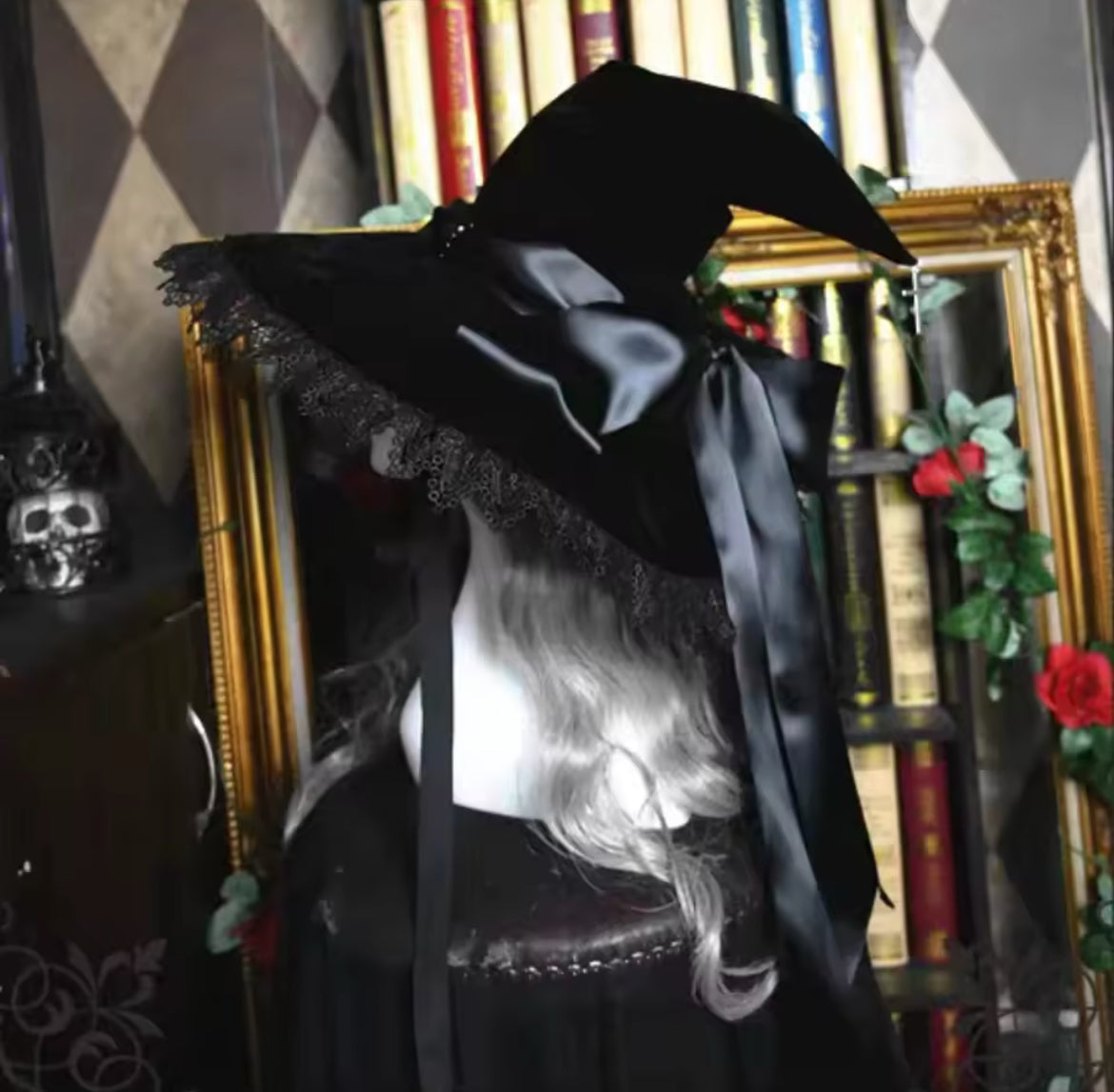 “Magickal Elegant Witch Hat – Lace-Trimmed with Satin Bow”