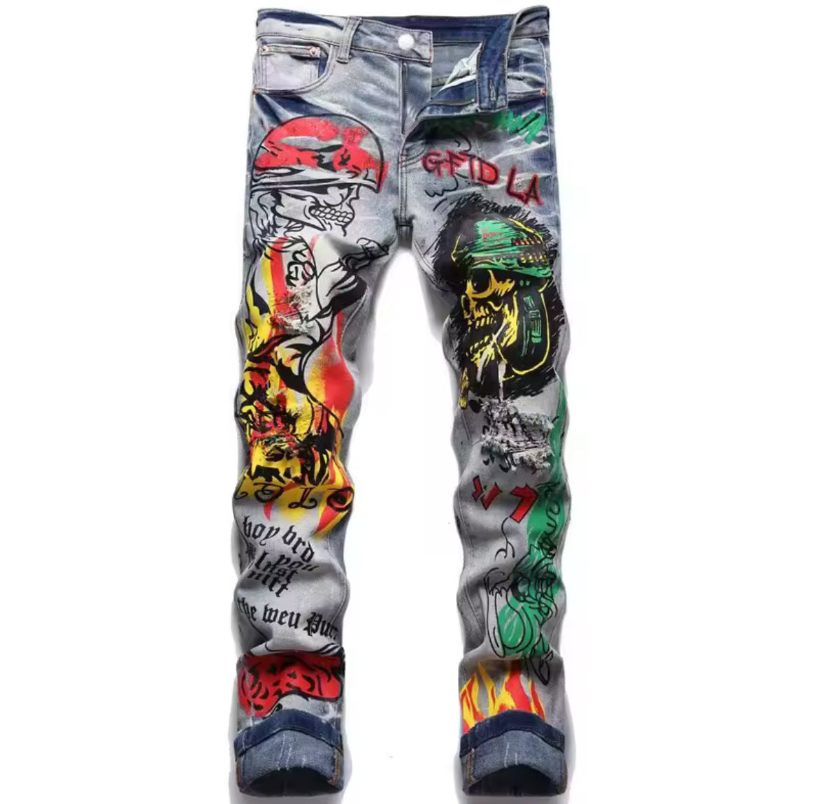 Hot New Rebel Skull Graffiti Slim Fit Jeans Edgy Streetwear Denim