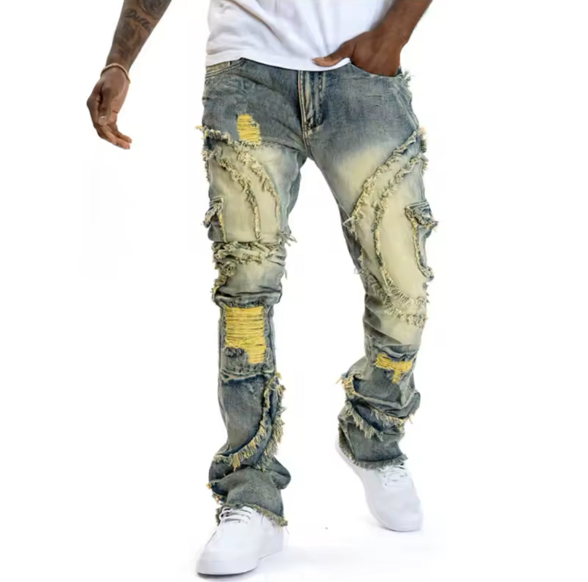 Mens Streetwear Distressed Flare Jeans Retro Patchwork Denim with Frayed Spiral Detailing