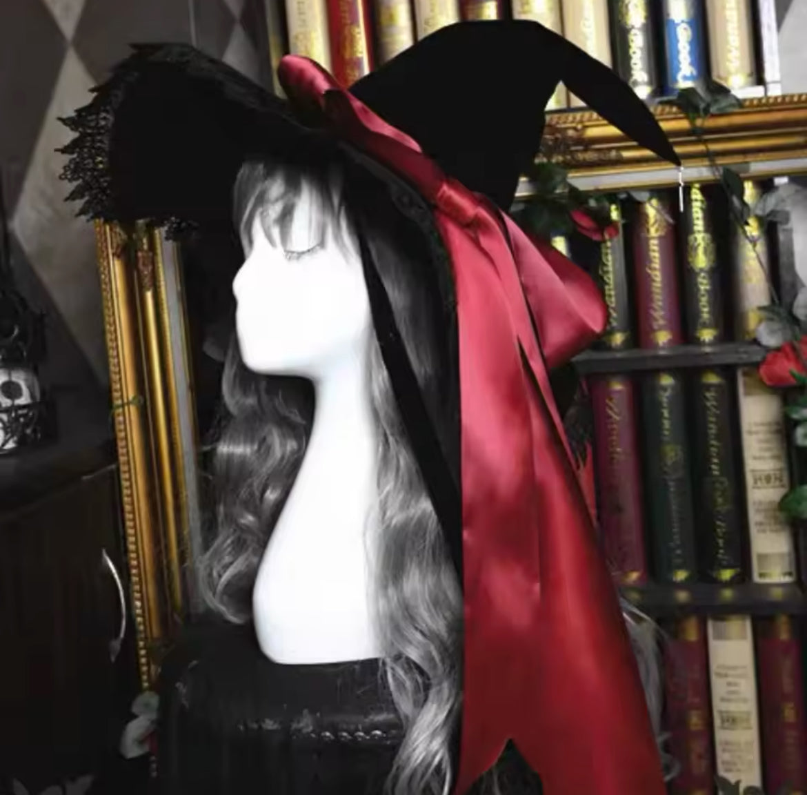 “Magickal Elegant Witch Hat – Lace-Trimmed with Satin Bow”