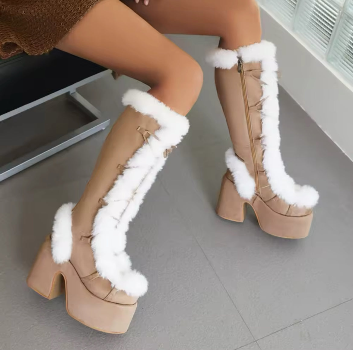New Faux Fur Platform Knee- High Cozy Gothic Warm Chunky Boots
