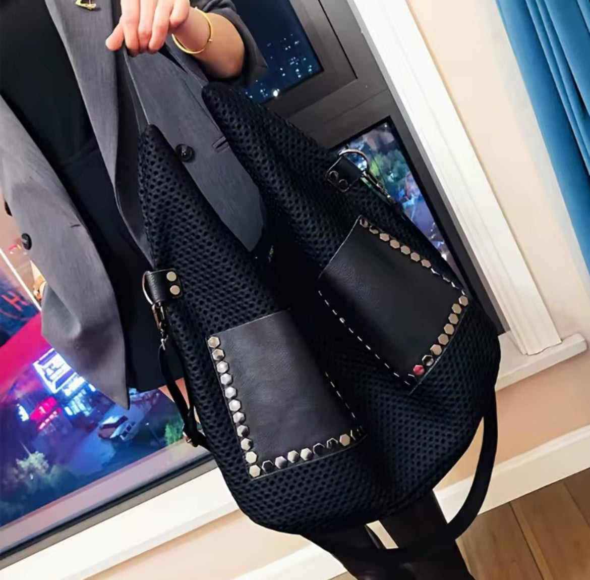 Retro Large Mesh Studded Hobo Handbag