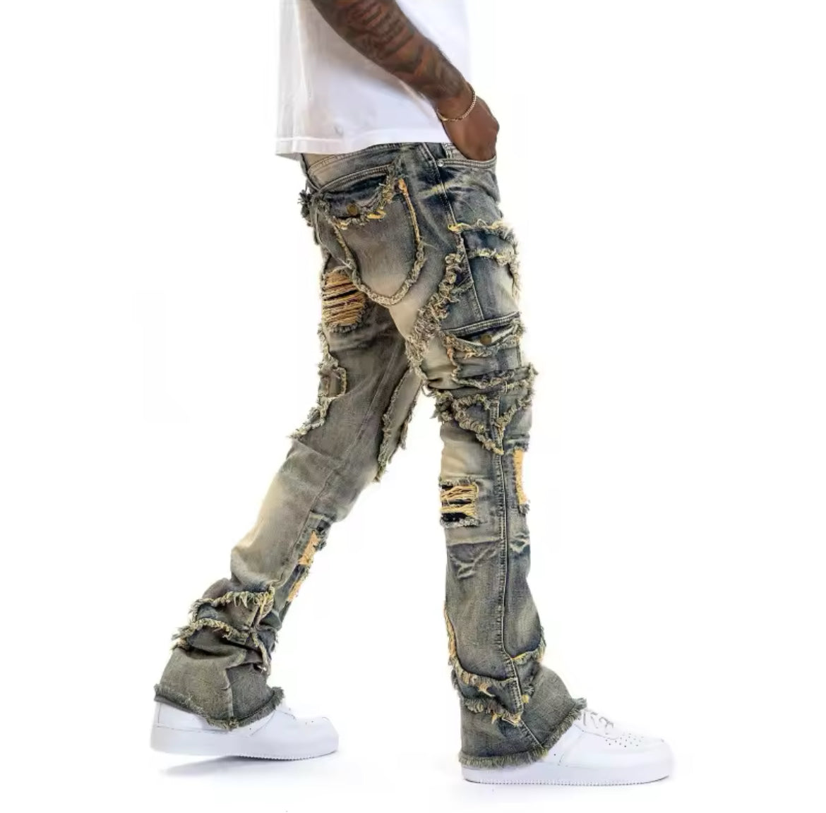 Mens Streetwear Distressed Flare Jeans Retro Patchwork Denim with Frayed Spiral Detailing