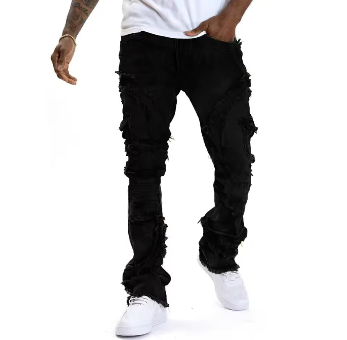 Mens Streetwear Distressed Flare Jeans Retro Patchwork Denim with Frayed Spiral Detailing