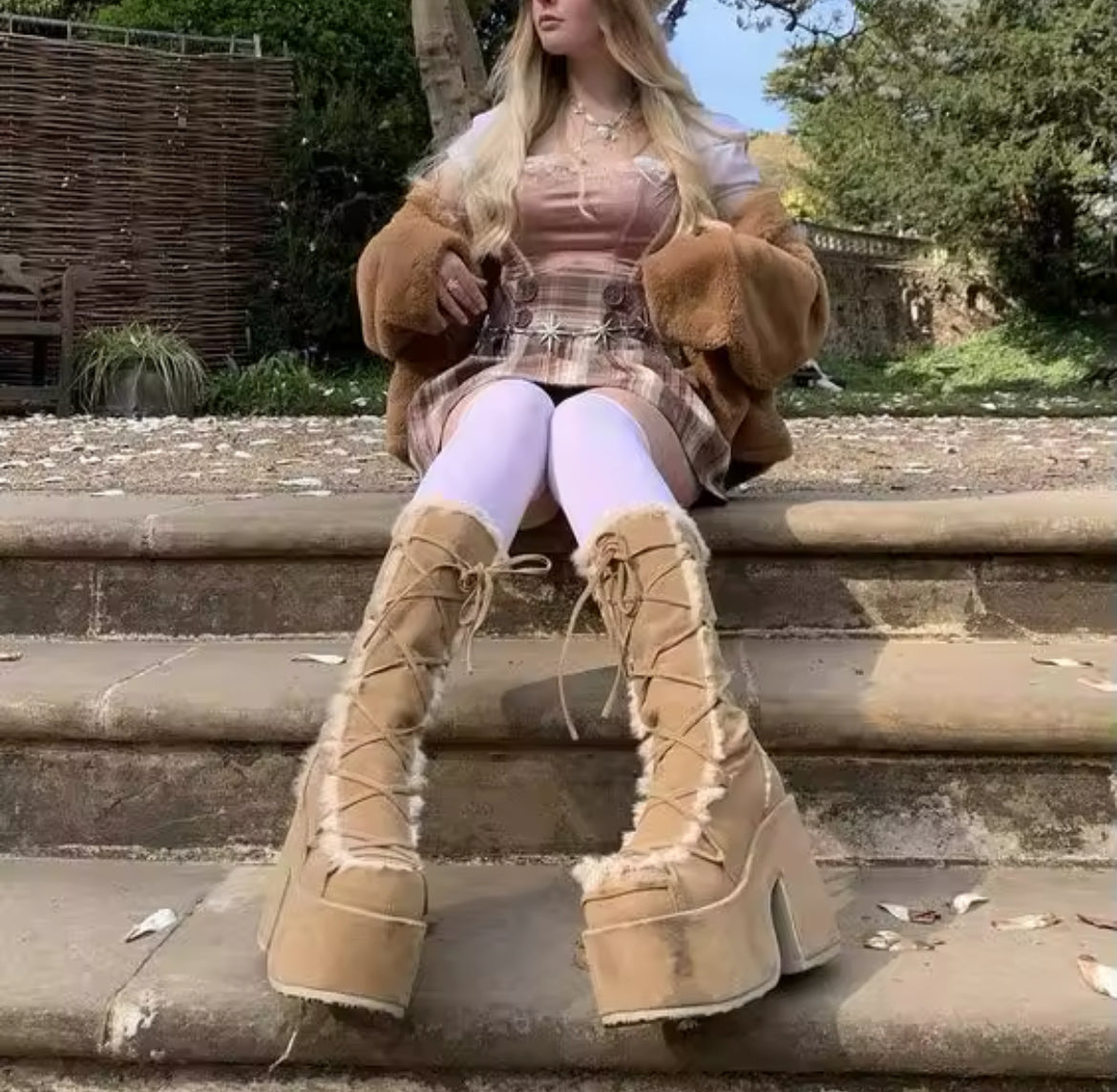 New Faux Fur Platform Knee- High Cozy Gothic Warm Chunky Boots