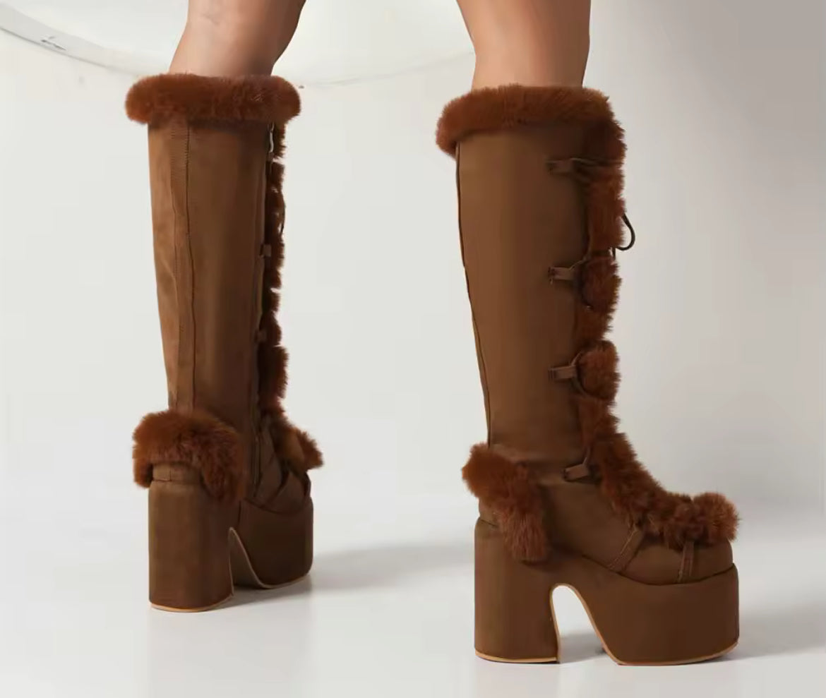 New Faux Fur Platform Knee- High Cozy Gothic Warm Chunky Boots