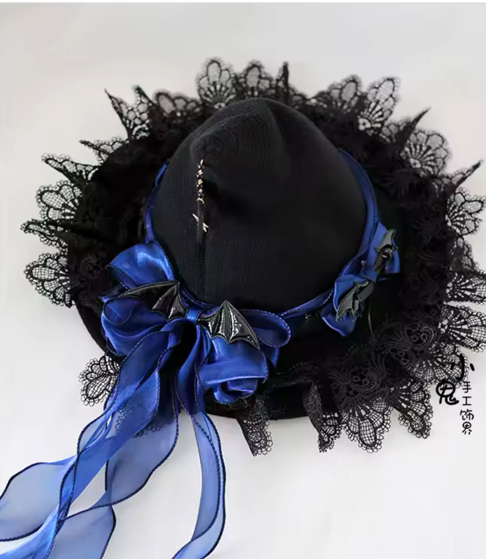 “Enchanted Moonlit Witch Hat – Lace Trimmed with Satin Bows and Mystical Charms”