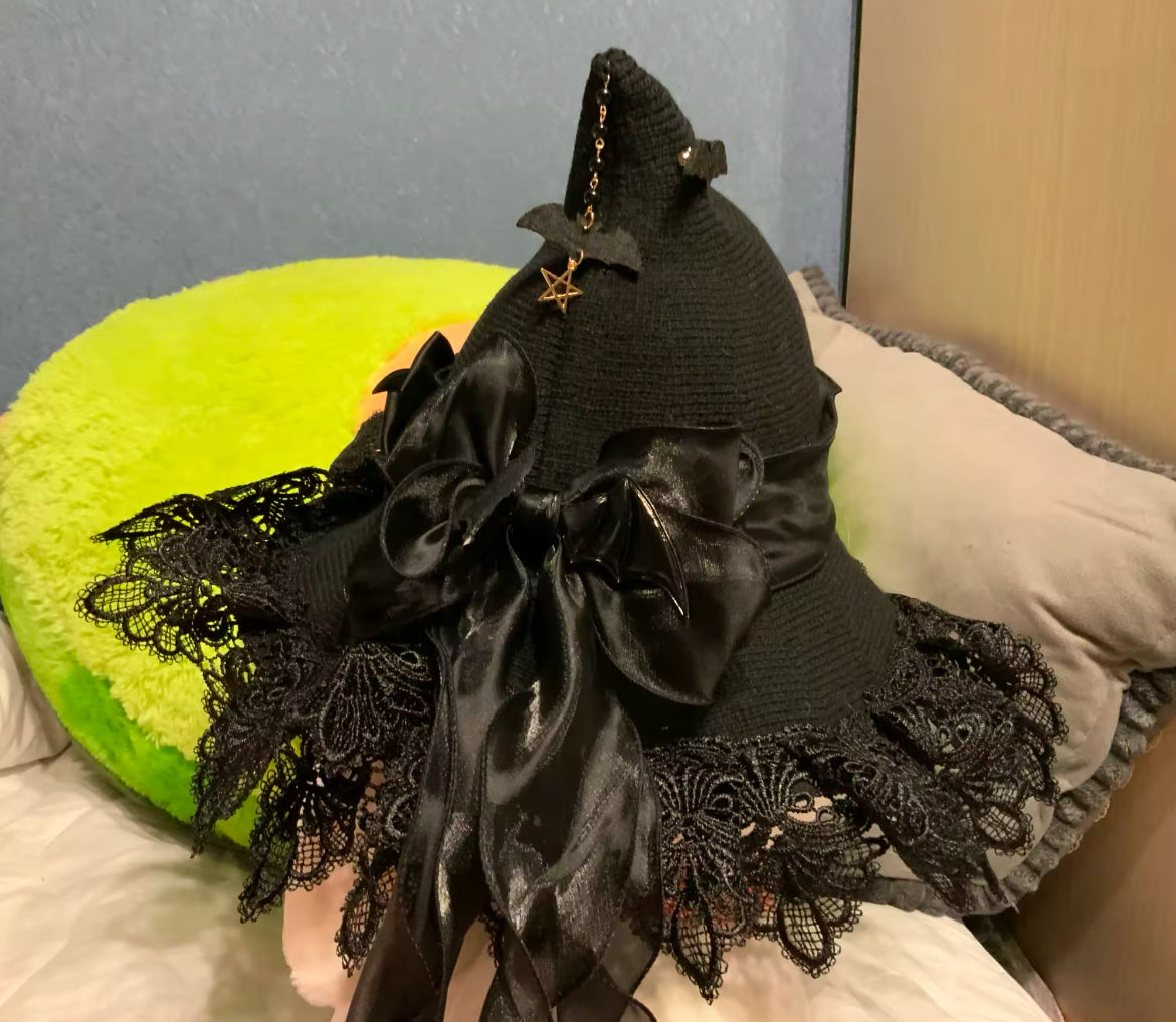 “Enchanted Moonlit Witch Hat – Lace Trimmed with Satin Bows and Mystical Charms”