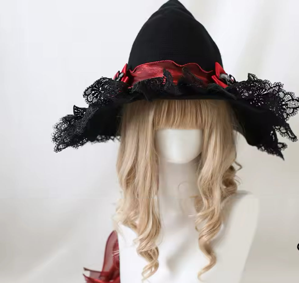 “Enchanted Moonlit Witch Hat – Lace Trimmed with Satin Bows and Mystical Charms”