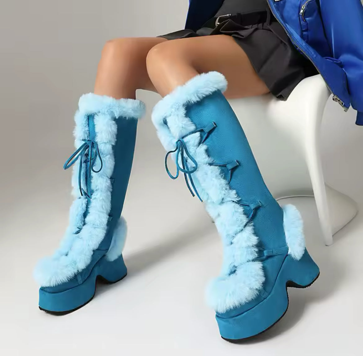 New Faux Fur Platform Knee- High Cozy Gothic Warm Chunky Boots