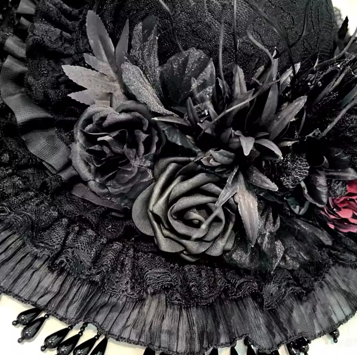 “Midnight Elegance Gothic Black Rose Victorian Mourning Hat with Cascading Beads”