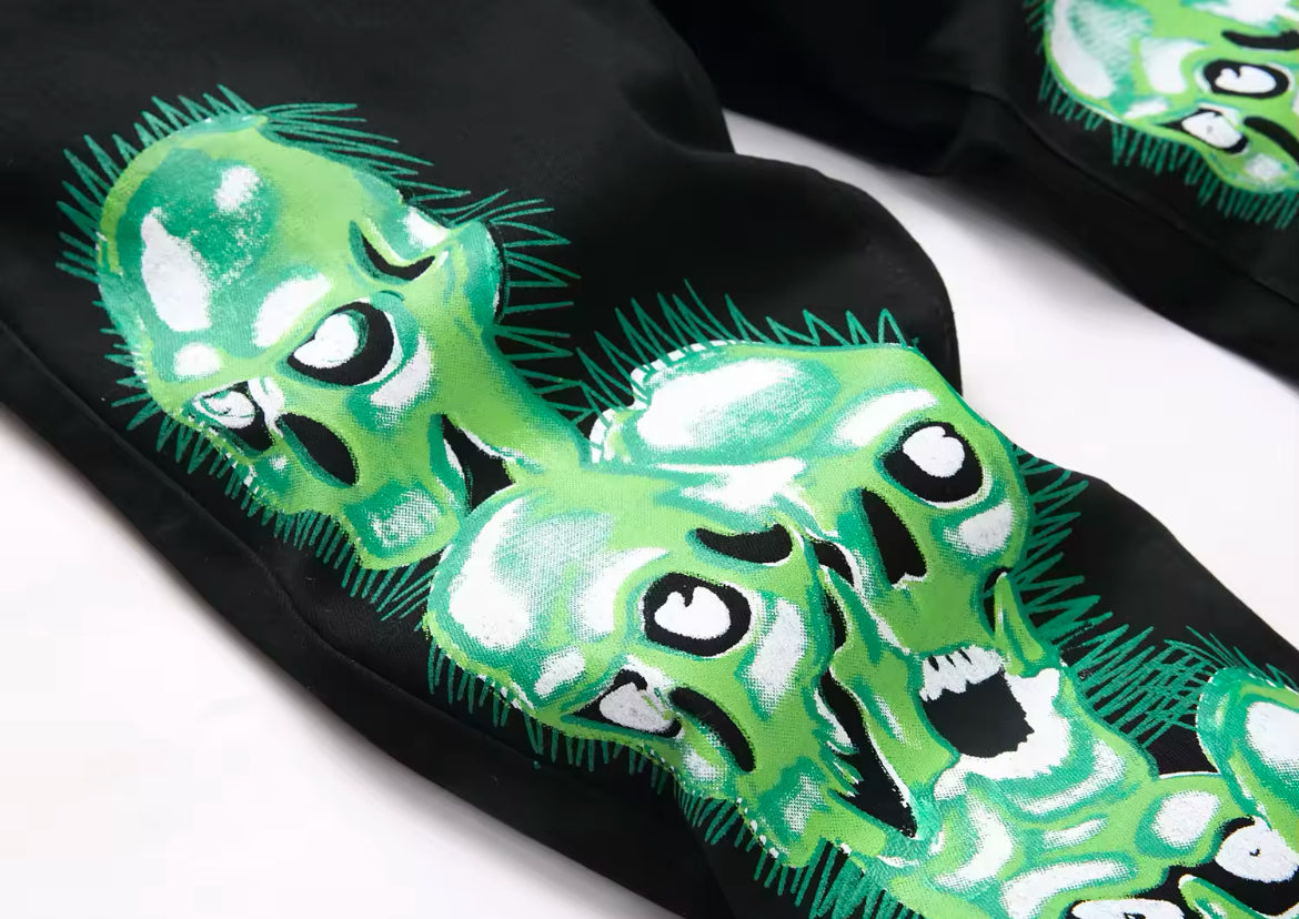 New Mens Gothic Skull Embroidered Jeans Slim Fit Streetwear Denim with Green Skull Graphic Print