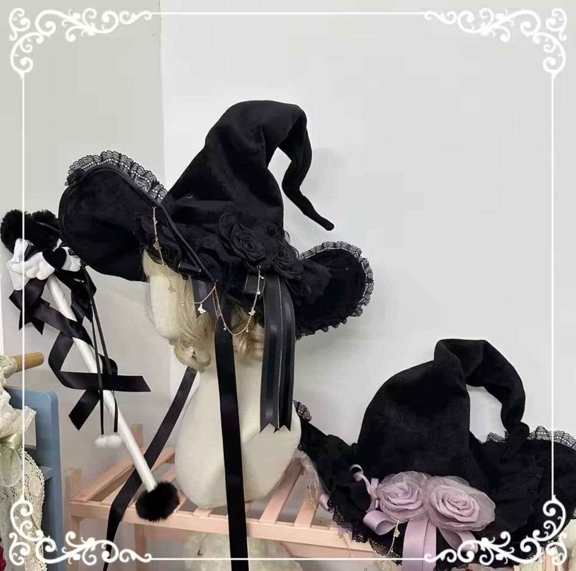 “Victorian Rose Lolita Witch Hat – Handmade with Lace and Satin Roses” Stunning Magickal