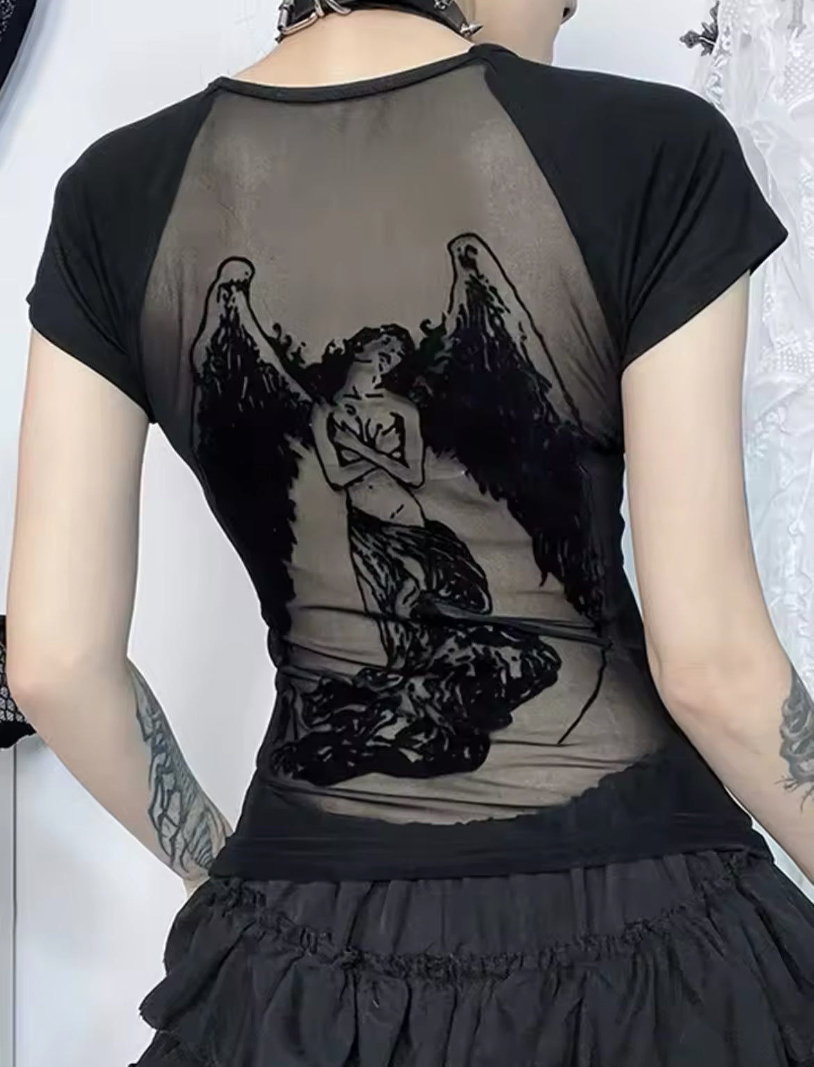 New Black Mesh Back Gothic Print Women’s T-Shirts Two Styles