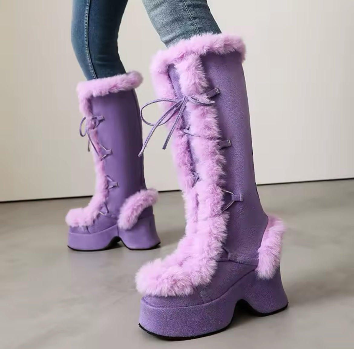 New Faux Fur Platform Knee- High Cozy Gothic Warm Chunky Boots