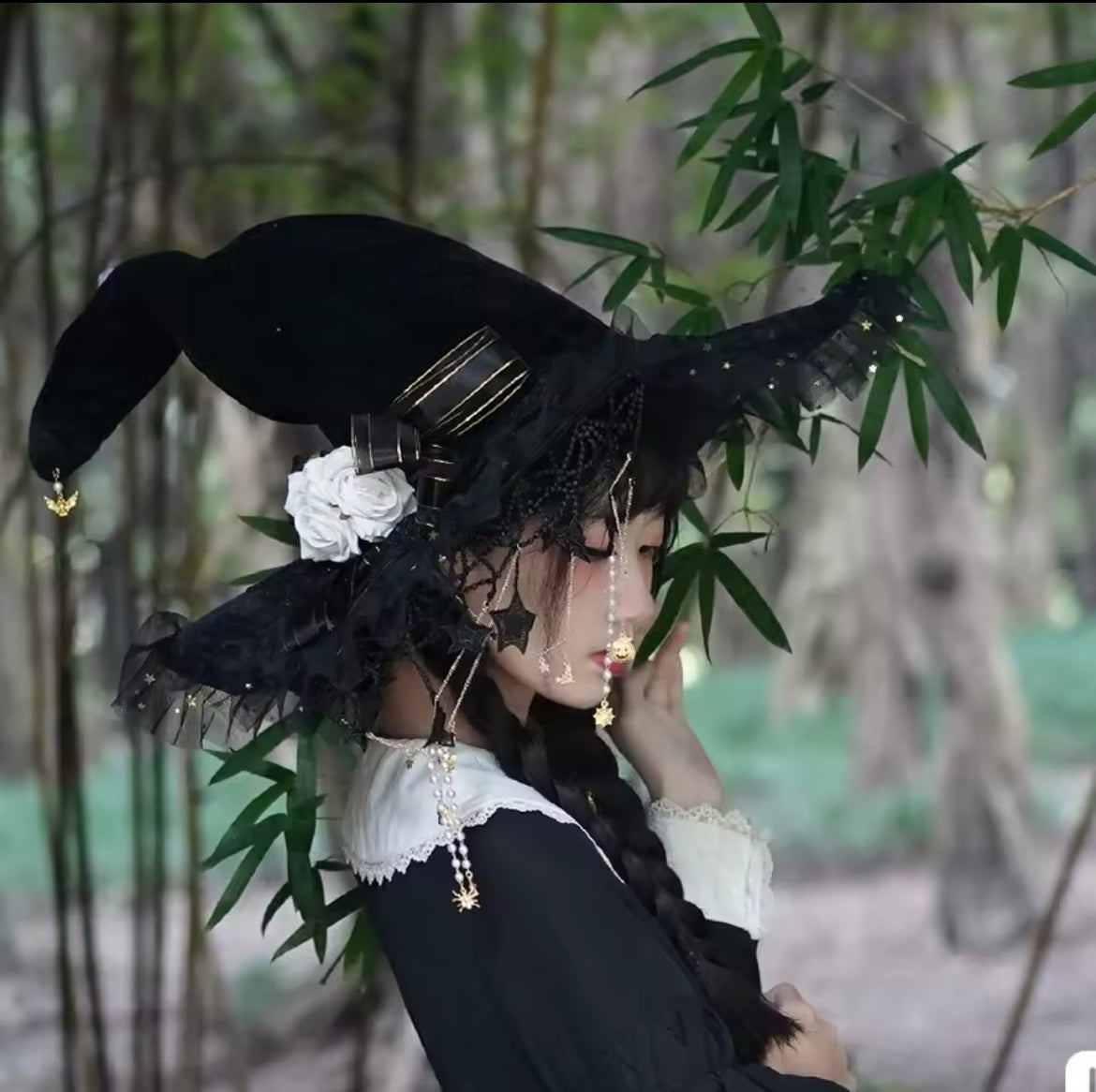 “Starlit Enchantment Witch Hat – Lace, Ribbons, and Celestial Accents” Magickal & Alluring