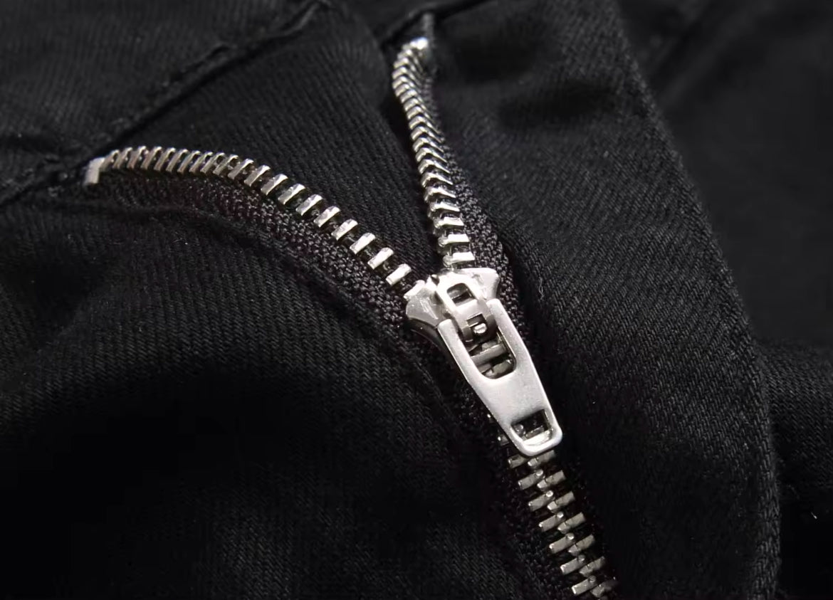 New Mens Gothic Skull Embroidered Jeans Slim Fit Streetwear Denim with Green Skull Graphic Print